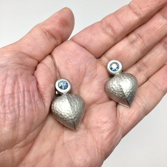 Hammered Silver Tone Steel Heart and Iridescent Rhinestone Clip On Earrings - Picture 12 of 14